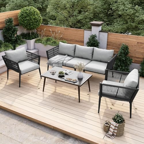 Lexiou Garten Loungesessel Set, Gartenmöbel Set mit bequemen Kissen, 3er Sofa, 2 Sessel und Couchtisch, Outdoor, mit Antirutsch-Pads, grau