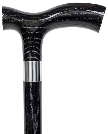 Dr. Watson Classic Fritz Gehstock, Handgefertigter Eschenholz Spazierstock mit Edelstahlmanschette, Holz Gehstock mit 2 Gummikappen (Tiefschwarz)