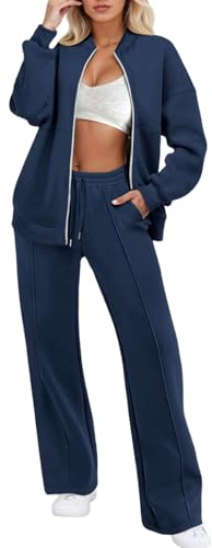 Duohropke Tuta da jogging da donna, a gamba larga, invernale, 2 pezzi, con chiusura lampo, felpa senza cappuccio, pantaloni della tuta, sportiva, elegante, in due pezzi