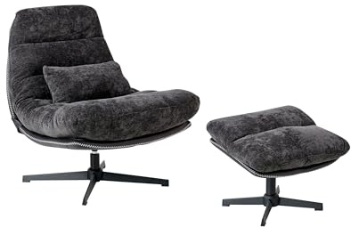 Beliani Chenille Swivel Armchair with Footstool Single Base Mid-century Style Black Tovik