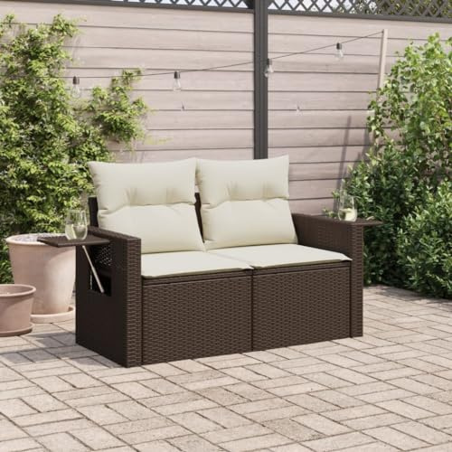 HaoChrymec Gartensofa 2-Sitzer mit Kissen, PE-Rattan, Klappbarer Beistelltisch, Modulares Design, Outdoor Couch, Balkon Sofa, Garden Sofas, Braun, 124 x 62 x 69 cm