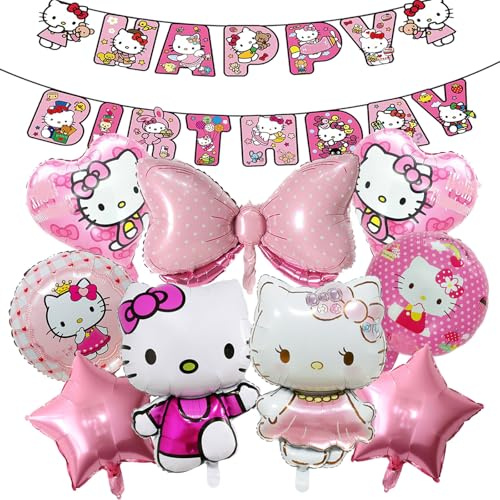 Cartoon rosa Katze Geburtstagsdekoration, 10 Stück Mädchen Geburtstag Ballon Dekoration Enthält Banner, Liebesballon, Runden, Fünfzackiger Stern, Katzenform, Rosa Schleife ballon