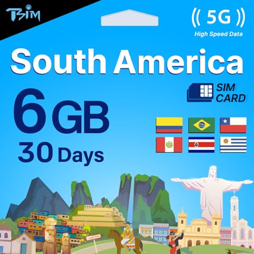 TSIM Südamerika SIM-Karte 30 Tage | 6 GB Internet in 5G/4G/LTE (Datennutzung/Hotspot erlaubt) | Nutzbar in Brasilien, Chile, Kolumbien, Peru, Uruguay & Costa Rica | 5G-Netz mit hoher Abdeckung.