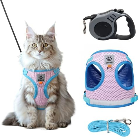 MINGBOLIN Anti-Flyer Harness för Katt Med Släpband på 150 cm Och En Retractable Leash på 5 m, Justerbar och Reflekterande Harness, för Promenad och Träning, M