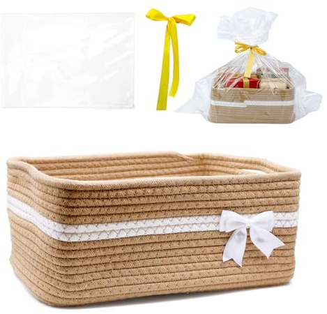 WYYFXY® Präsentkorb Leer Geschenkkorb Geflochtener mit Cellophantüten und Schleife, Korb Geschenk Baumwollseil Körbe für Geschenke, Feiertage, Geburtstage (Khaki)