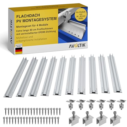 Avoltik Balkonkraftwerk Montage-Set für 4 Solarmodul I Solarpanel Befestigung Set 400 mm Solarschiene extra lang | PV Solarmodul Halterung | Extra stabil & wetterfest für Dach Flachdach Blechdach
