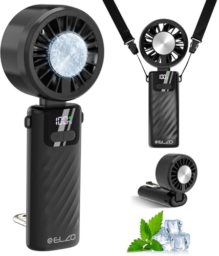 ELZO Tragbarer Turbo Handventilator mit Kühlfunktion,5000mAh Aufladbar 4 in 1 mini Ventilatoren,24H max Kühlzeit, Geschwindigkeit (1-100), mit LED-Anzeige, für Reisen Zuhause Büro (Schwarz)
