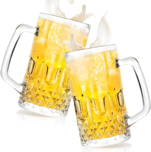 Juego de 2 Jarras de Cerveza de 615 ml con Asa, Jarra de Cristal Transparente de Gran Capacidad, Tazas de Cerveza para Congelador, Vaso de Vidrio Reutilizable para Bebidas Frías, Agua, Café y Leche