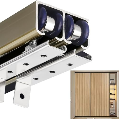 Kit de herrajes para puerta corredera de granero de doble riel con sistema de derivación - Riel de 213 cm (84 pulgadas) para puertas de madera, riel oculto para separadores de ambientes, montaje super