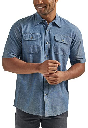 Wrangler Authentics Men's Short Sleeve Classic Woven Shirt Button, Dark Chambray, XXL