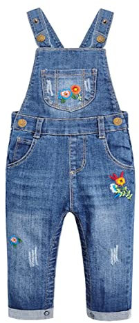 KIDSCOOL SPACE Salopette di jeans per bebè e bimbe a scatto gamba/cavallo facile da cambiare pannolino, blu, 9-12 mesi