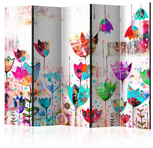 decomonkey Paravent Raumteiler Innen Blumen Kinder 225x172 cm 5 Teilig Beidseitig Room Divider Wall Raumteiler Stehend Trennwand Sichtschutz Spanische Wand Sichtschutzwand Wohnzimmer Holz