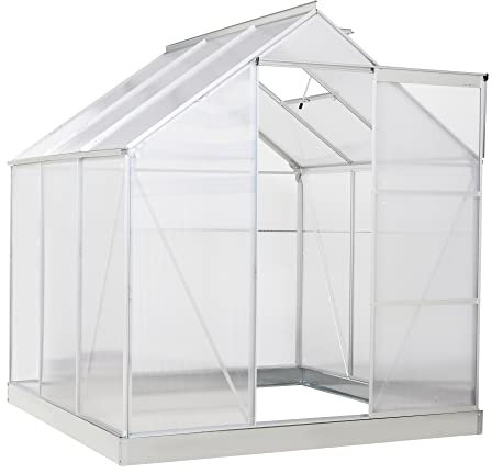 Outsunny 6 x 6ft Polycarbonate Greenhouse, Walk-In Greenhouse with Sliding Door, Adjustable Window, Aluminium Frame and Foundation, Garden Grow House with Rain Gutter, Silver