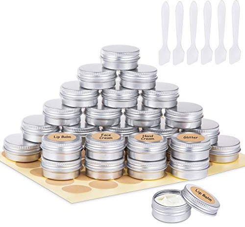 30 Pots en Aluminium de 15 ML, Pots de Contenants Cosmétiques Vides avec Spatule et Autocollants d'Étiquettes pour Échantillon, Baume à Lèvres
