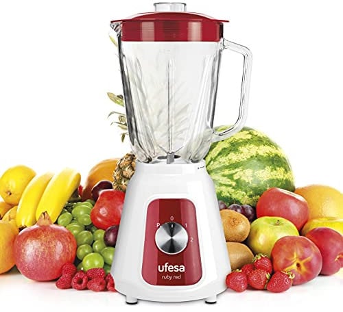 Ufesa BS4717 RUBY RED Frullatore da tavolo, 500 W di potenza, Caraffa in vetro da 1,5 L, Coperchio con chiusura ermetica, 2 velocità + Pulse, 4 lame in acciaio inox