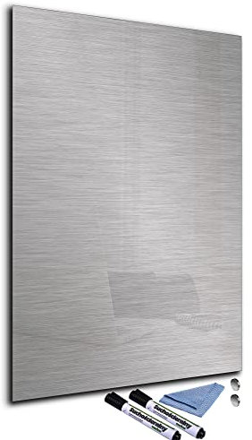 Glas-Magnettafel 40x60 cm Whiteboard Wand Beschreibbar Magnetisch Pinnwand Küche Office Büro mit Zubehör Wochenplaner Abwischbar Deko Memoboard Tafel Edelstahl-Optik Grau