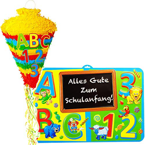 Set: XL Pinata + Schild - Schultüte/Zuckertüte - Alles Gute zum Schulanfang ! - zum Befüllen - 57 cm - Deko & Spielzeug - für Süßigkeiten & Geschenke - Deko..