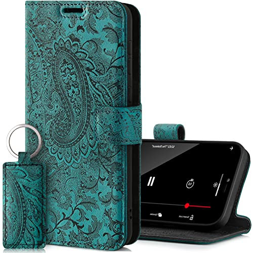 SURAZO Handyhülle für Samsung Galaxy A53 5G 4G – Premium Echtleder Hülle Klappbar Schutzhülle [Standfunktion, Kartenfach, RFID Schutz, Blumenmuster] Handmade Leder Klapphülle Wallet case (Türkis)