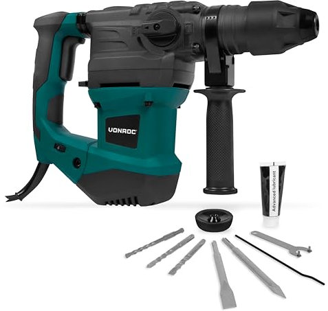VONROC Martello rotante perforatore 1800W-6 Joule. 4 funzioni. Velocità regolabile - SDS plus. Incl. impugnatura,3 punte e 2 scalpelli