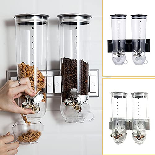 Bazargame Dispensador de cereales en la pared, doble comida seca, cereales, dulces, dispensador de cereales, plástico, hermético, almacenamiento 3L, 2 recipientes plateados