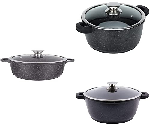 Kamberg Faitout Trio 24cm, 28cm, 32cm - Fonte d'Aluminium - Revêtement type pierre - Couvercle en verre - Tous feux dont induction - Sans PFOA