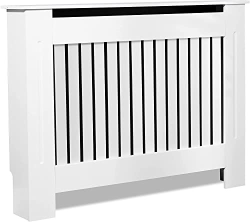 Radiator Cover Medium, White Radiator Cover, Vertical Slatted Modern Radiator Covers MDF Wood Cabinet Shelf Heating Covers For Living Room, Hallway (19D x 111.5W x 83.5H CM)