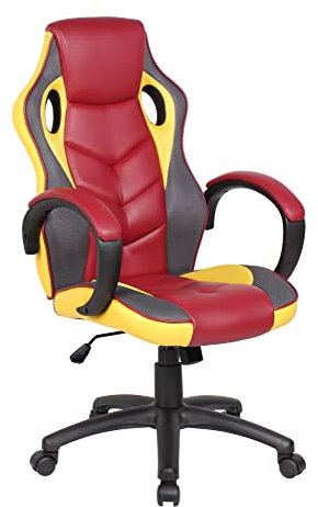 Dmora - Chaise à roulettes Caloundra, Fauteuil de Jeu Adulte, Chaise de Bureau, 66x61h104/114 cm, Rouge et Jaune
