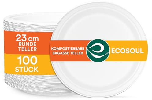 ECO SOUL Pearl White Runde 23cm Bagasse Pappteller (100 Stück), Einweggeschirr und 100% Kompostierbares, Umweltfreundlich Partygeschirr, Robust Campinggeschirr, Mikrowellen- und Ofenfest