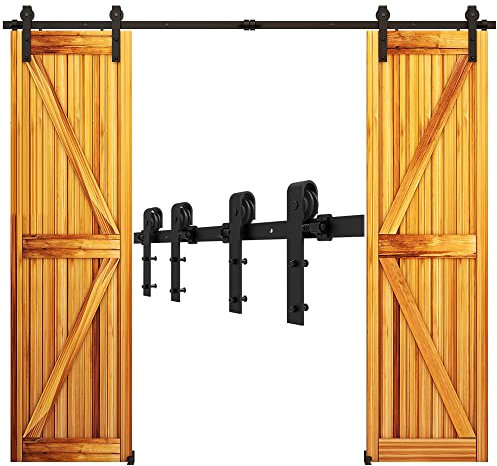 WOLFBIRD 213cm/7ft Schiebetürbeschlag Set Schiebetürsystem mit Bodenführung für Doppeltüren - Türbenutzung | Laufschienen für Schiebetüren - J Shape Aufhänger Set