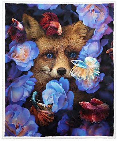 Zomer Sherpa Decke 150 x 200 cm Kuscheldecke Flauschige Wohndecken Mikrofaser Superweiche warme für Winter Fleece Couchdecke/Sofadecke TV-Decke mit Fuchsblume und Fisch Motiv