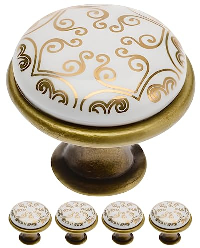Gedotec Möbelknöpfe | Porzellan und Metall | Ø 26,5 mm I 5 Stück | Türknopf für Schränke - Messing antik Orient Gold inkl. Befestigungsmaterial I OLGA I Knöpfe für Küchenschränke