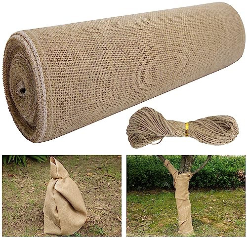 15.7in x 19.7ft Natural Burlap Tree Wrap Rolls- Burlap Fabric Tree Trunk Protector- Burlap Plants Wrap Bandage with Ropes- Frost & Freeze Protection Cloth for Outdoor Trees, Shrubs, Plants in Winter