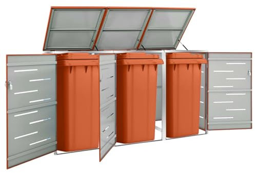 CIADAZ Mülltonnenbox für 3 Tonnen, Mülltonnenverkleidung, Gartenbox, Gartenschrank, Mülltonnenschrank, Geräteschrank, 207x77,5x115 cm Edelstahl