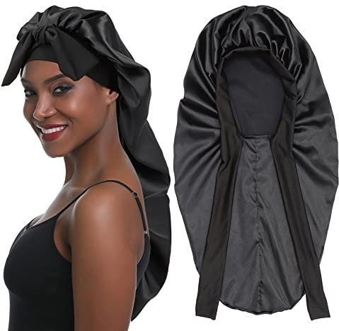 SENGTERM Lange Satin Haarhaube Mädchen seidige Mütze Damen Lange Satin Verstellbar Schlafmütze zum Schlafen Extra Große Satin Schlafmütze für Damen Lange Locken Haar