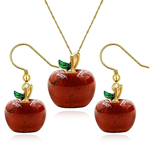 Schmuck-Set aus Naturstein, Halbedelstein, Obst-Apfelform, Schmuck, Geschenke, niedliche Apfelohrringe und Halskette für Damen