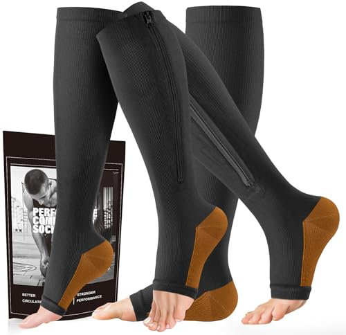 cerpite Calze a compressione con cerniera - 2 paia di calze a compressione aperte per uomo e donna, 15-20 mmHg, Rame nero, 3XL