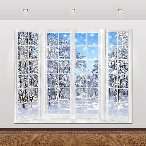 Winter Wonderland Weihnachten Hintergrund 3 x 2,4 m für Fotografie Weiß Fenster Wald Bäume Schnee Schneeflocke Szene Foto Hintergrund Xmas Studio Requisiten für Weihnachten Party Dekoration