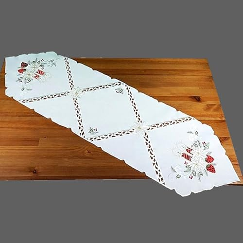 Tischdecke Tischläufer Mitteldecke 40 X 140 cm Weihnachten Advent weiß Bestickt mit roten Kerzen und Zapfen im Cutworkstil