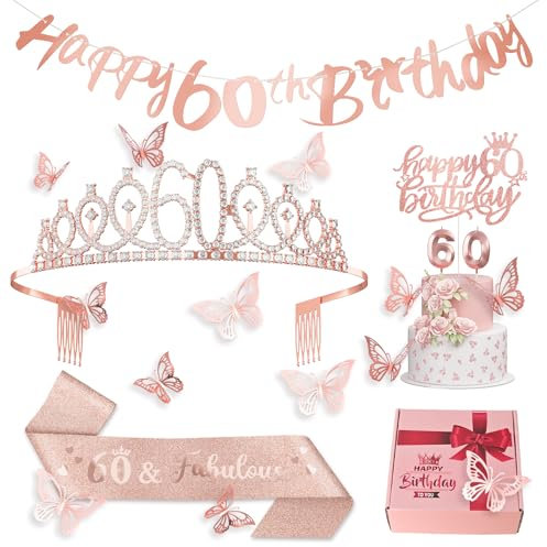 60. Geburtstag Frauen Dekoration 60 Geburtstag Schärpe, Tiara, Kuchentopper, Nummer 60 Kerzen, Alles Gute Zum 60. Geburtstag Banner, 3D Schmetterling 12pcs für Geburtstagsparty Deko Accessoires