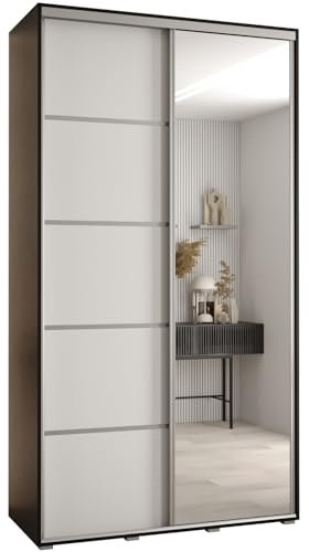 MEBLE KRYSPOL Davos 5 140 Schrank mit Zwei Schiebetüren für Schlafzimmer - Moderner Schrank mit Spiegel, Kleiderstange und Regalen - 235,2x140x45 cm - Schwarz Weiß Silber