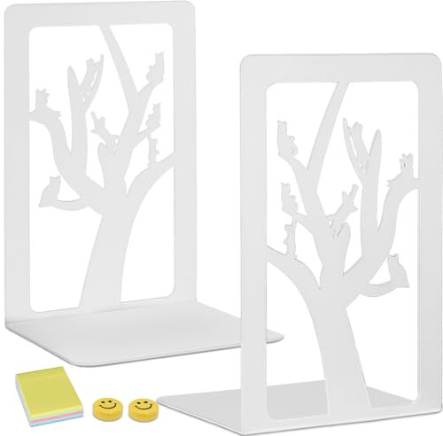 Qualsen 1 Paire Serre Livre, Serre Livres en Métal, Serre-Livres Blancs, Serre Livre en Forme ,Serre-Livres Décoratifs D'chat sur Un Arbre pour Bureau, Librairie et Bibliothèque,Retour à L'école