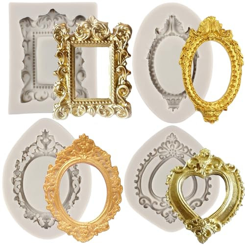 MYPRACS Picture Frames Silicone Mould Photo Frame Fondant Mould Baroque Style Frame Moulds for Cupcake Topper Cake Decoration Chocolate Candy Polymer Clay Gum Paste Set of 4