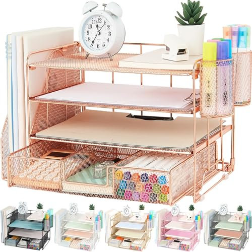 Doynrtx Modern Elegant Rose Gold Office Organizer - 4-Tier Paper Letter Tray Organizer with File Holder, Pen Holders, Sliding Drawer - Office Organization Accessories
