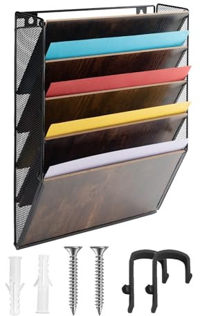 ZNMYDMT Wandordner aus Holz, 5 Etagen, vertikale Halterung, Hänge-Organizer mit 5 Taschen, für Büro, Schule und Zuhause, Braun