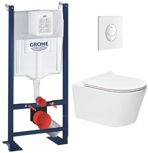 WC Suspendu Pack Complet Accessoires - Pack WC Grohe Rapid SL autoportant, WC sans bride SAT Brevis, Abattant ultra-fin softclose Plaque blanche, Abattant WC,Cuvette Toilette, Chasse d'eau, Mécanisme