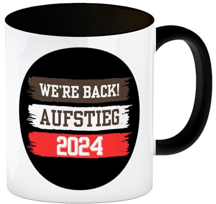 St. Pauli Aufstieg 2024 Kaffeebecher in schwarz mit Spruch We're back We're back Hamburg Reeperbahn Landungsbrücken Hafen Wappen