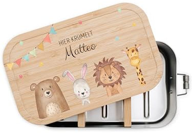 wunderwunsch® - Personalisierte Brotdose für Kinder - Robuste und Individuelle Edelstahl Brotdose mit Namen - Personalisierte Geschenke für Kinder (GROSS Edelstahl,Tiere unten Girlande)