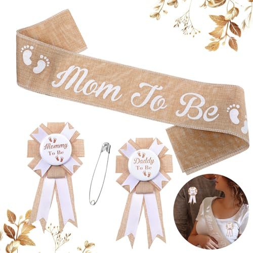 Mom to Be Schärpe Baby Shower Deko Set mit Mom to Be Daddy to Be Abzeichen Baby Shower Schärpe Sackleinen Gürtel für Mom to Be Anstecknadel für Papa Babyparty Geschenk Party Dekoration