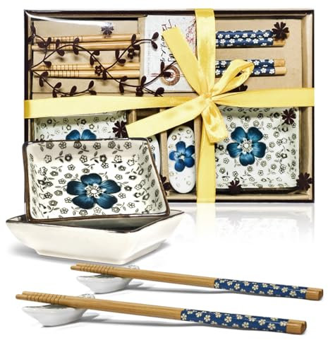 Finsink Sushi Tableware for 2 People, 6 Pieces, Ceramic Dipping Bowls Set, Blue and White Pattern, Sushi Serving Set, Perfect as Gifts for Couples or Birthdays
