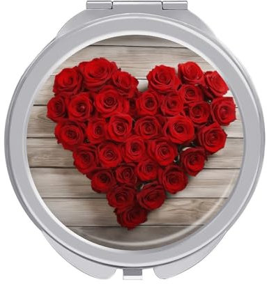 JTREWBV Miroir de courtoisie, miroir de maquillage imprimé roses rouges en forme de cœur, miroir de poche, miroir de maquillage de voyage, miroir de courtoisie double face portable